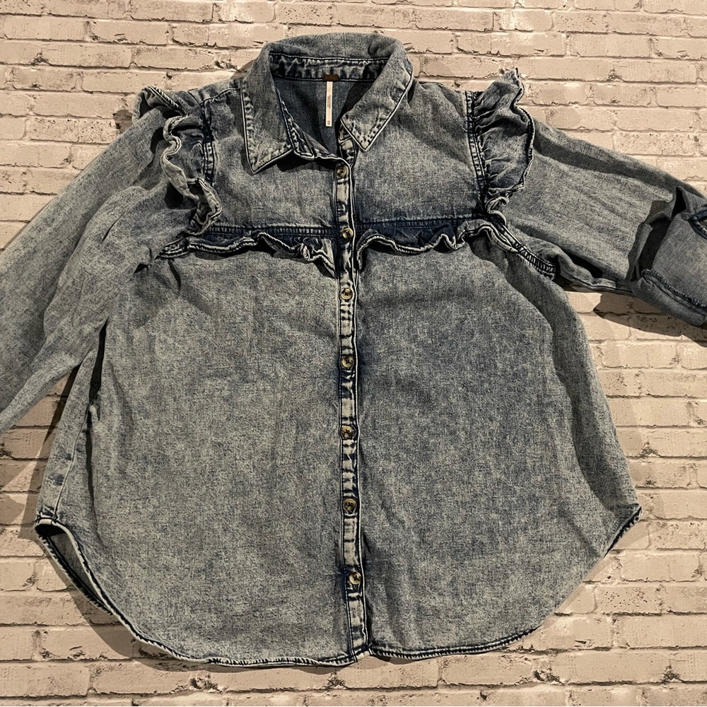 Free People Denim Ruffled Long Sleeve Button Down